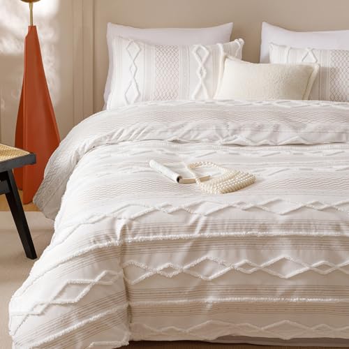 Image of KAREVER Ivory Boho Comforter Set Full Mixed Textures Jacquard Bedding Set Durable Chic and Stylish Bedroom Set