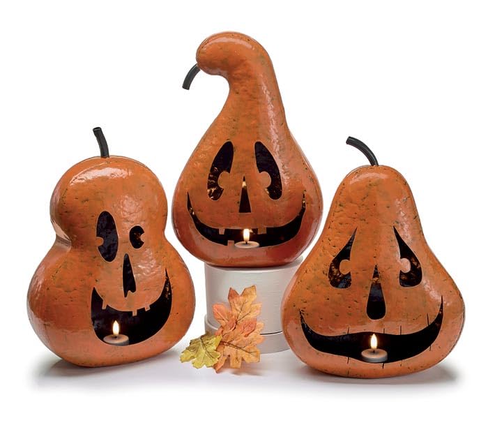 Jack-O-Lantern Candleholders, Set of 3, Hand-Painted Tin, Pear 13.25