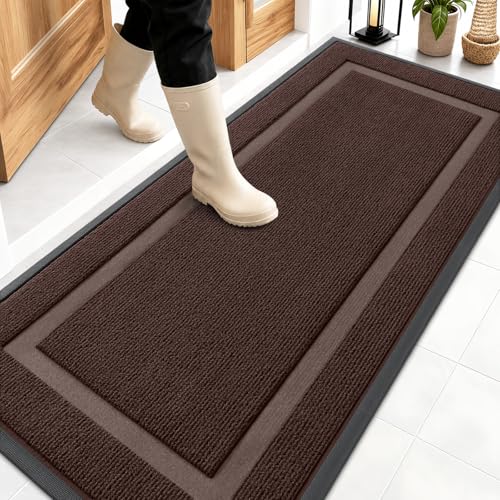 Image of OLANLY Front Door Mat Indoor Outdoor Entrance, Waterproof All-Season, All-Weather Doormat, Sturdy Natural Rubber, Fade Resistant, Low Profile, Easy Clean Patio Porch Entryway Mat, 59x23, Dark Brown