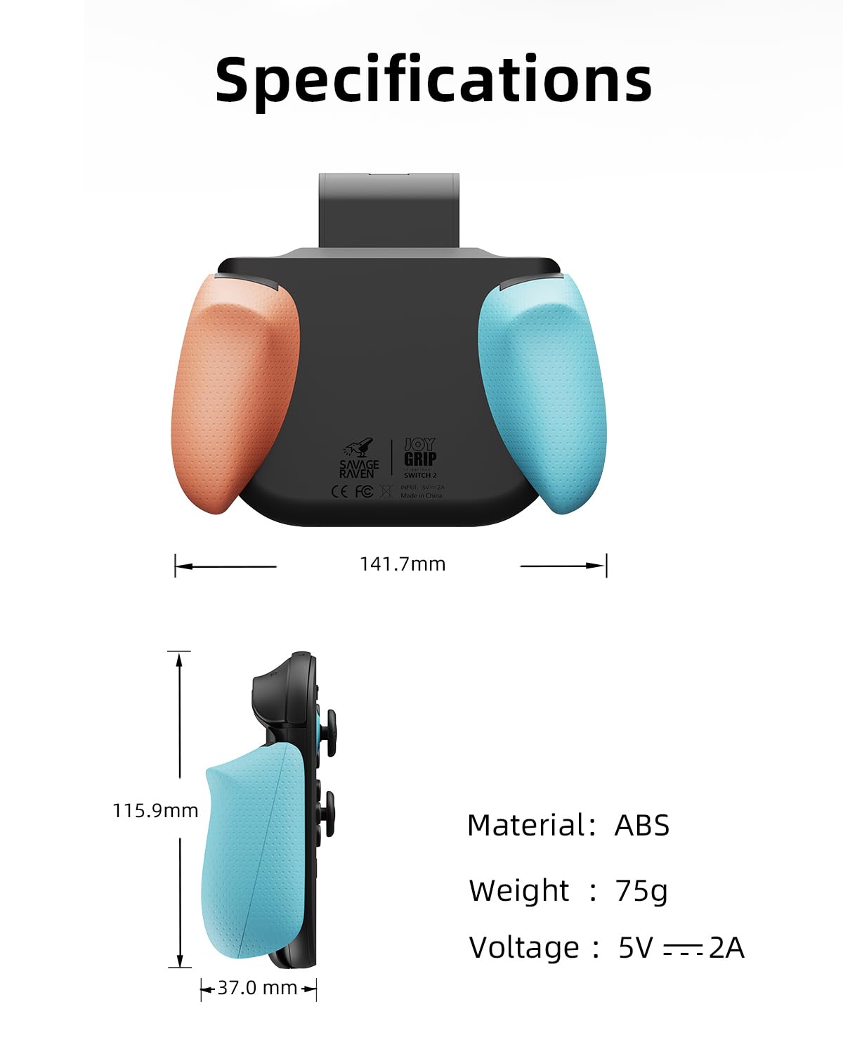 SAVAGE RAVEN by Skull & Co. JoyGrip for Nintendo Switch 2 Joy-Con Controller: Rechargeable Handheld Joystick Remote Control Holder with Interchangeable Grips - Black