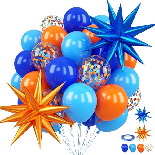Orange and Blue Balloons with Star Foil Balloons Orange Dark Royal Light Blue Confetti Latex Balloons for Boy Girl Birthday Party Decorations Baby Shower Graduation Backdrop