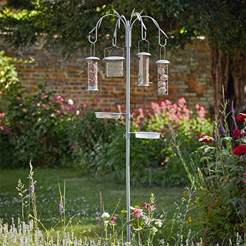 Garden Mile 2.4m Extra Large 4 Arm 8Ft Bird Feeder Hanging Station Includes 4 x Metal Feeders For Seeds, Peanuts, Suet Balls, Suet Cakes Bird Feeder Seed Tray, Water Bath Sage Green