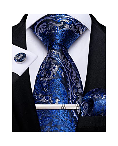 Image of DiBanGu Paisley Ties for Men Silk Necktie and Pocket Square Cufflinks Tie Clip Set Woven Classic Mens Tie for Wedding Party