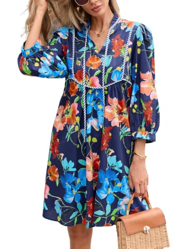 Image of EZAPINE Women Floral Babydoll Mini Dress V Neck 3 /4 Puff Sleeves A Line Flowy Swing Summer Sun Dresses