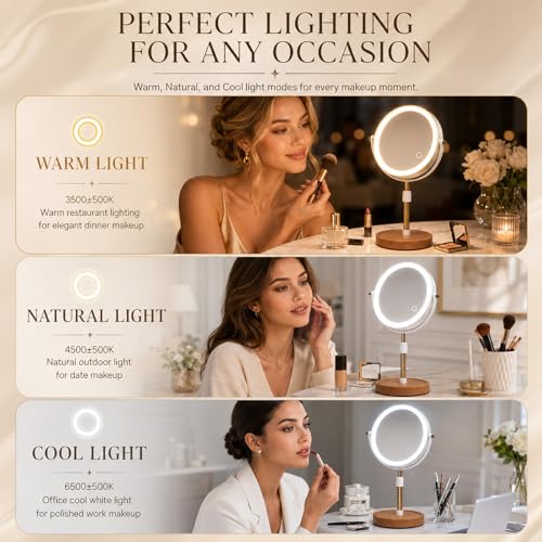 Espejo de maquillaje con luces y base de madera ajustable miniatura 5