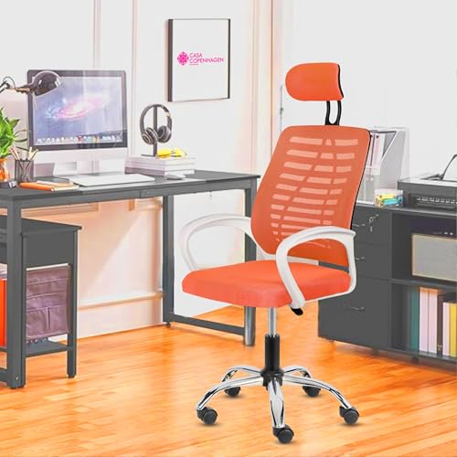 Image of Casa Copenhagen,Mesh Office Desk Chair,Rocking Ergonomic Computer Chair Adjustable High with Headrest and Comfortable Armrest Swivel - Orange & White Handle
