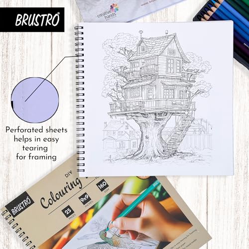Image of BRUSTRO DIY Colouring Book for Adults | 9x9 inches, 160 GSM, 25 Perforated Sheets | Ideal for Fineliners, Colour Pencils, Brush Pens, Markers.