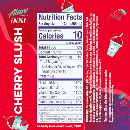 Image of Alani Nu CHERRY SLUSH Ice Sugar Free, Low Calorie Energy Drinks | 200mg Caffeine | Antioxidants | Biotin, B Vitamins | Zero Sugar | 15 Calories or Less | 12 Oz Cans | 12 Count