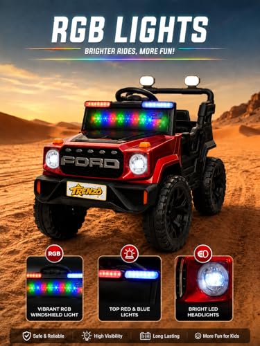 Image of Trenzo Kids Electric Ride On Jeep Car for 2-6 Years | 4x4 Style Battery Operated Toy Car with Steering Wheel, Music, LED Lights | Indoor & Outdoor Ride On Vehicle for Boys & Girls