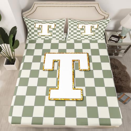 Image of Erosebridal Sage Green Checkered Sheet Set King Plaid Initial T Bed Sheets Personalized Monogram Bedding for Kids Boys Girls,Fashion Grids Gingham Bed Sheets Set 4 Piece