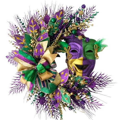 Egolot 24 Inch Mardi Gras Glitter Wreath for Front Door Carnival Glitter Purple Gold Green Color Wreath for Indoor Outdoor Venetian Mask Wreaths for Home Party
