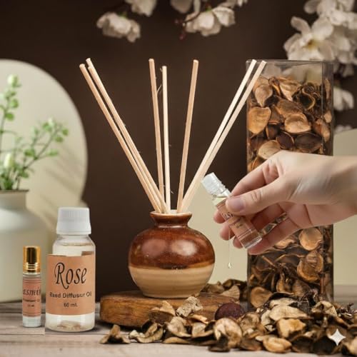 Rose Reed Diffuser Gift Set 60ml with 10ml Potpourri Oil & 8 Rattan Sticks | Long-Lasting, Toxin-Free Room Freshener for Home, Bedroom & Office