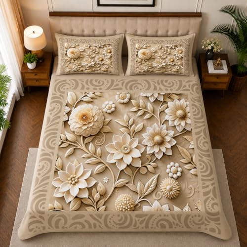 Image of 7D Digital Printed King Size Bedsheet with 2 Pillow Covers | Soft Premium Cotton Feel Microfiber Double Bed Bedsheet|Breathable,Wrinkle Free & Fade Resistant|(BeigeFloral, KingSize-225x250CM)