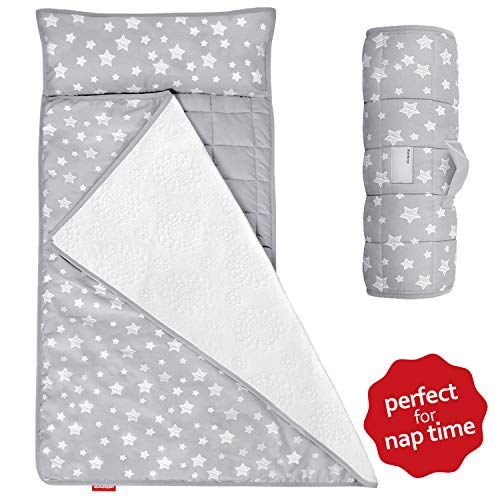 Moonsea Toddler Nap Mat with Removable Pillow and Fleece Minky Blanket, Lightweight