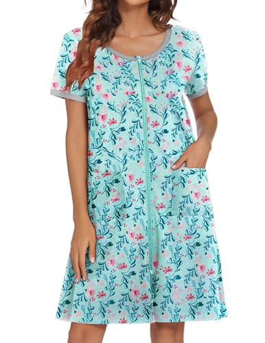Image of Ekouaer Women Zipper Front House Coat Short Sleeves Robe Zip Up Bathrobes Short Nightgown with Pockets S-3XL