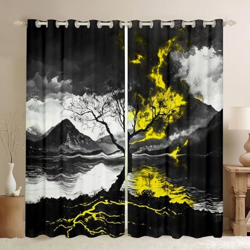 Feelyou Tree of Life Curtains Grey Yellow Tree Window Drapes Treatments for Kids Boys Girls Nature Landscape Window Drapes Mountain Lake Plant Window Treatments, 52W X 90L,2 Panels,30%-50% Blackout