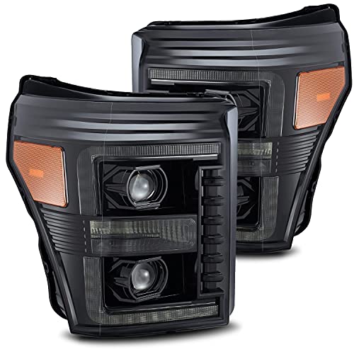 AlphaRex Alpha Black For 11-16 F250/F350/F450/F550 DRL/Sequential Signal LED Tube Dual Super Duty 4th Gen Look Switchback Projector Headlights