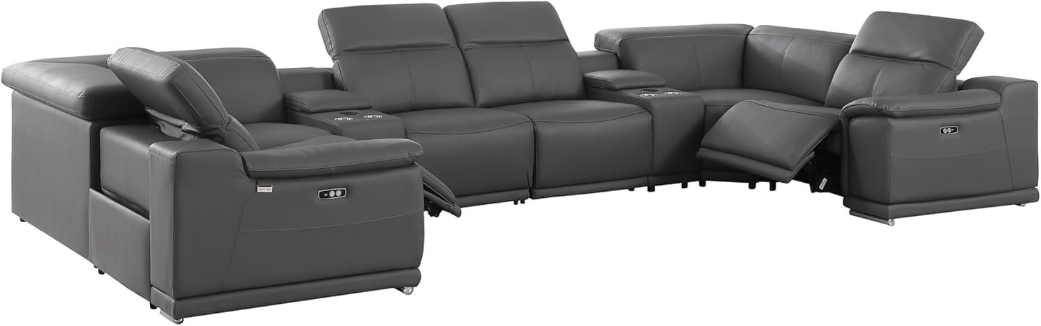 Blackjack Furniture Venice 8-Piece Top Grain Italian Leather Sectional Reclining Sofa Set with 4 Power Recliners, Adjustable Headrests, USB, Wireless Phone Charger &amp; Console Storage, Dark Grey