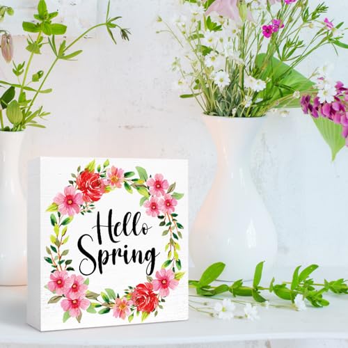 Spring-Desk-DecorHello-Spring-Wreath-Wood-Block-Plaque-Box-Sign-for-Home-Office-Farmhouse-Garden-Desk-Shelf-Table-DecorationSpring-Table-Decor-Wood-Block-Sign Spring Desk DecorHello Spring Wreath Wood Block Plaque Box Sign for Home Office Farmhouse Garden Desk Shelf Table DecorationSpring Table Decor Wood Block Sign