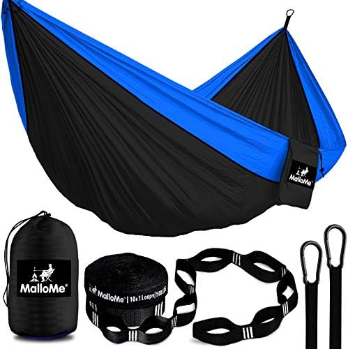 Amazon.com: Hamaca MalloMe para una o dos personas, para camping, set de  hamaca colgante con 3 correas para árbol, hecha de nailon, es ligera,  capacidad para 2 personas, accesorios de equipo para