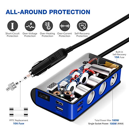 Image of OOWOLF Quick Charge 3.0 Cigarette Lighter Adapter,180W 12V /24V 3-Socket DC Power Car Splitter with 6.6A 4 USB Ports,LED Display Voltage, Individual Switch (Blue)