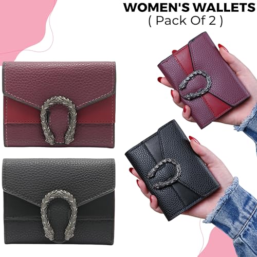 Image of Kraptick Women s Wallet Stylish Compact Purse Clutch with Card & Coin Holder Debit Card Organizer, Travel Wallet & Money Organizer for Women with 8 Card Slots (Purple & Black) (Combo of 2)