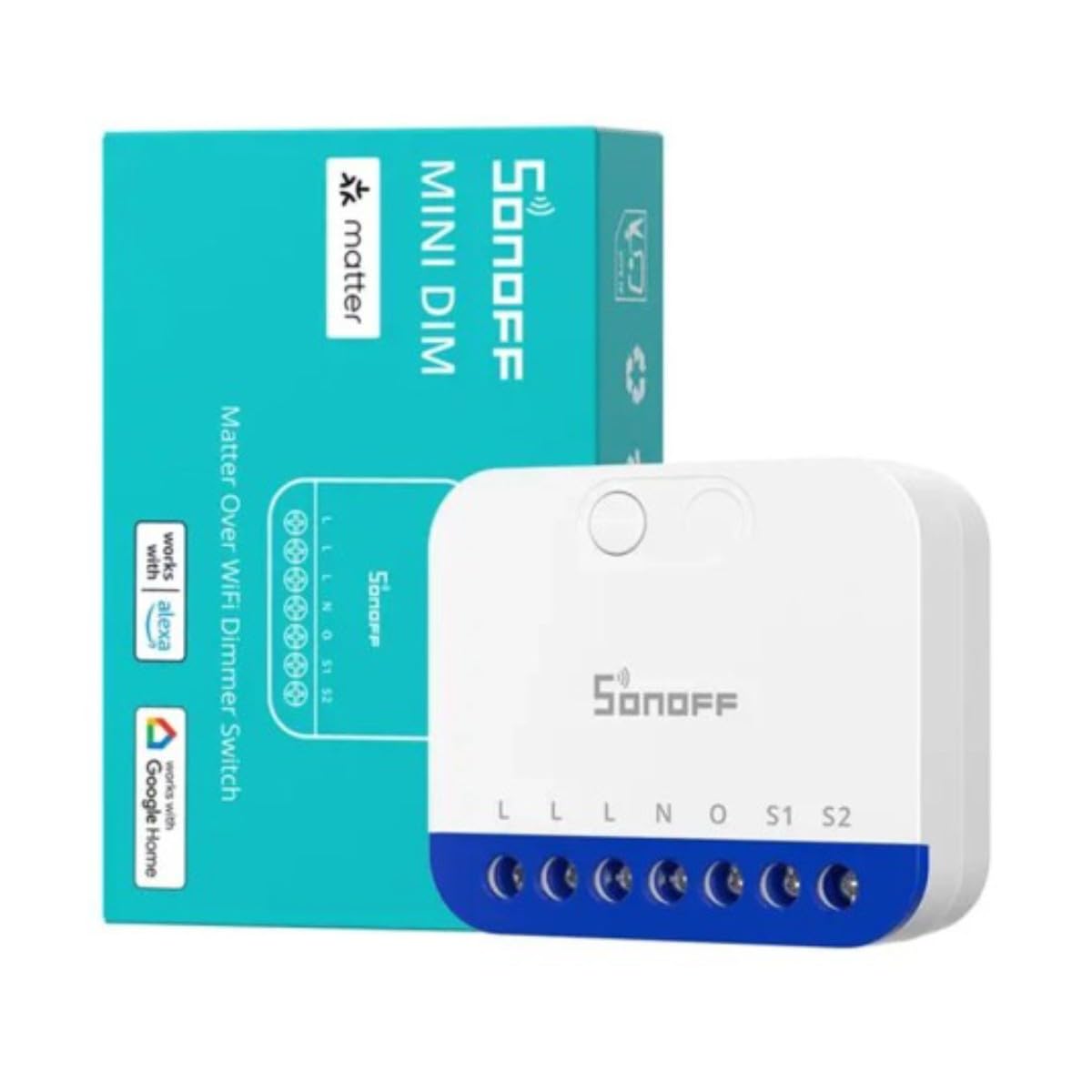 SONOFF Interruptor de atenuación mini DIM WiFi para LED regulable, transformadores electrónicos, bombillas halógenas incandescentes, cable neutro, medición de potencia, Matter compatible con Alexa