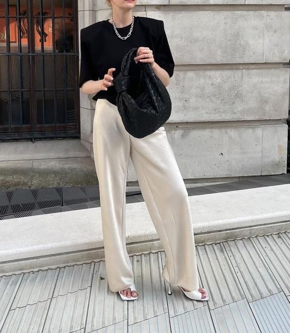 UAURORAO Satin Pants for Women Dressy Silk Wide Leg Lounge Pants Elastic Drawstring Casual Long Flowy Trousers - Image 3