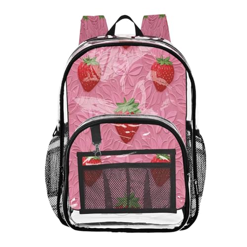 Bright Strawberry Clear Backpack - Stadium Approved Large 15.7-inch Waterproof Transparent Bag for Sports, Concerts, Work, Travel#439