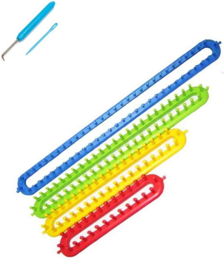 Katech 4 pcs Rectangle Knitting Looms Different Sizes Colorful Plastic Weaving Looms Set Scarf Hats Making Tools DIY Crocheting Handmade Craft Kit with a Crochet Hook and Needle (Color Is Random)