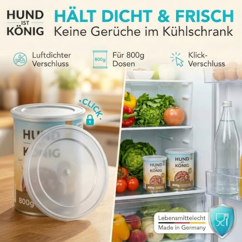 HUND IST KÖNIG Dosendeckel für Tierfutter (3 Stück) - Robuste Deckel für Katzen & Hundefutter Dosen - Tierfutter bleibt lange frisch Dosen schließen Gerüche ein - 800g Dosendeckel