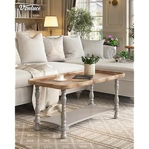Vonluce french country coffee table 40 farmhouse rustic unfinished wood tray top vintage coffee table for living room dining room bedroom small space gray  urban country home decor