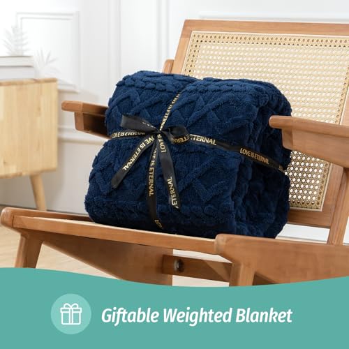 Wemore Weighted Blanket for Adults Twin Size 20 lbs, Dual Sided Soft Fuzzy Jacquard Sherpa Weighted Blankets for Sleeping, Cozy Fluffy Knitted Heavy Blanket for Couch Bed, Navy Blue, 60 x 80 inches