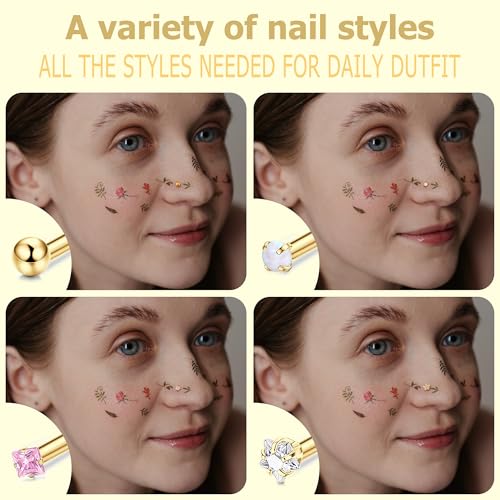 15Pcs 20G Nose Rings Surgical Steel Nose Studs 18G L Shaped Nose Stud Gold Nose Ring Stud CZ Opal Nose Ring Heart Cute L Shape Star Nose Piercing for Women Men3