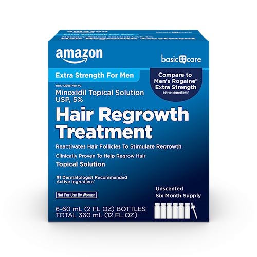 Amazon Basic Care Minoxidil Topical Solution USP, 5 Percent, Hair Regrowth Treatment for Men, Extra Strength, 12 Fluid Ounces