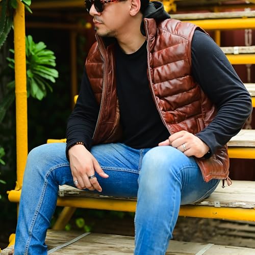 Jild Lambskin Leather Puffer Vest with Removable Hood - Stand Collar Casual Style Sleeveless Leather Jacket Men3