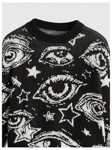 Image of WDIRARA Women's Goth Cartoon Pattern Sweater Knit Pullover Top | Long Sleeve, Crewneck