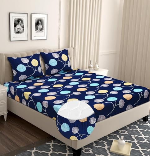 Image of HOMEKART 120 TC Cotton Rich Elastic Corner Fitted Bedsheet with 2 Pillow Covers | Double Bed 72x68+6 Inches | Wrinkle-Free, Super Soft & Breathable Floral Design | Dark Blue