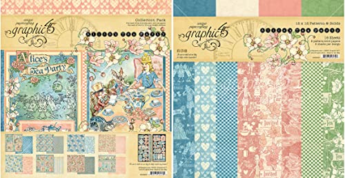 Graphic 45 Papers Alice's Tea Party Collection Pack and Patterns & Solids Pad - 12x12 Decorative Papers - 2 Items, Soft Blues, Grass Greens, and Precious Pink