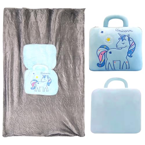 LKNBIF 2-in-1 Blanket and Pillow, Unicorn Travel Pillow & Blanket Hand Ultralight Portable, Throw Blankets for Long Airline Flights Business trip and Office, Plane Car Camping (Blue)