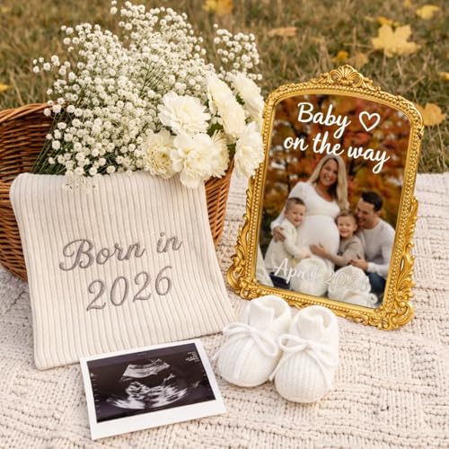 Yookeer 3 Pcs Pregnancy Announcement Sign Set Include Vintage Gold Mirror Newborn Knit Baby Booties and White Marker Pregnancy Reveal Ideas Photo Backdrop for Coming Soon Baby Announcement