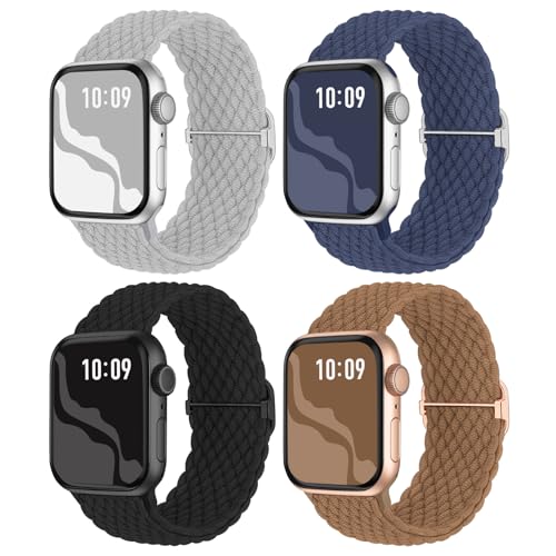 Image of 4 Pack Braided Stretchy Bands Compatible with Apple Watch 40mm 41mm 38mm 42mm 44mm 45mm 46mm 49mm Women Men, Breathable Nylon Elastic Daily Use Straps for iWatch Series 11 /10 9 8 7 6 5 4 3 SE /Ultra 2
