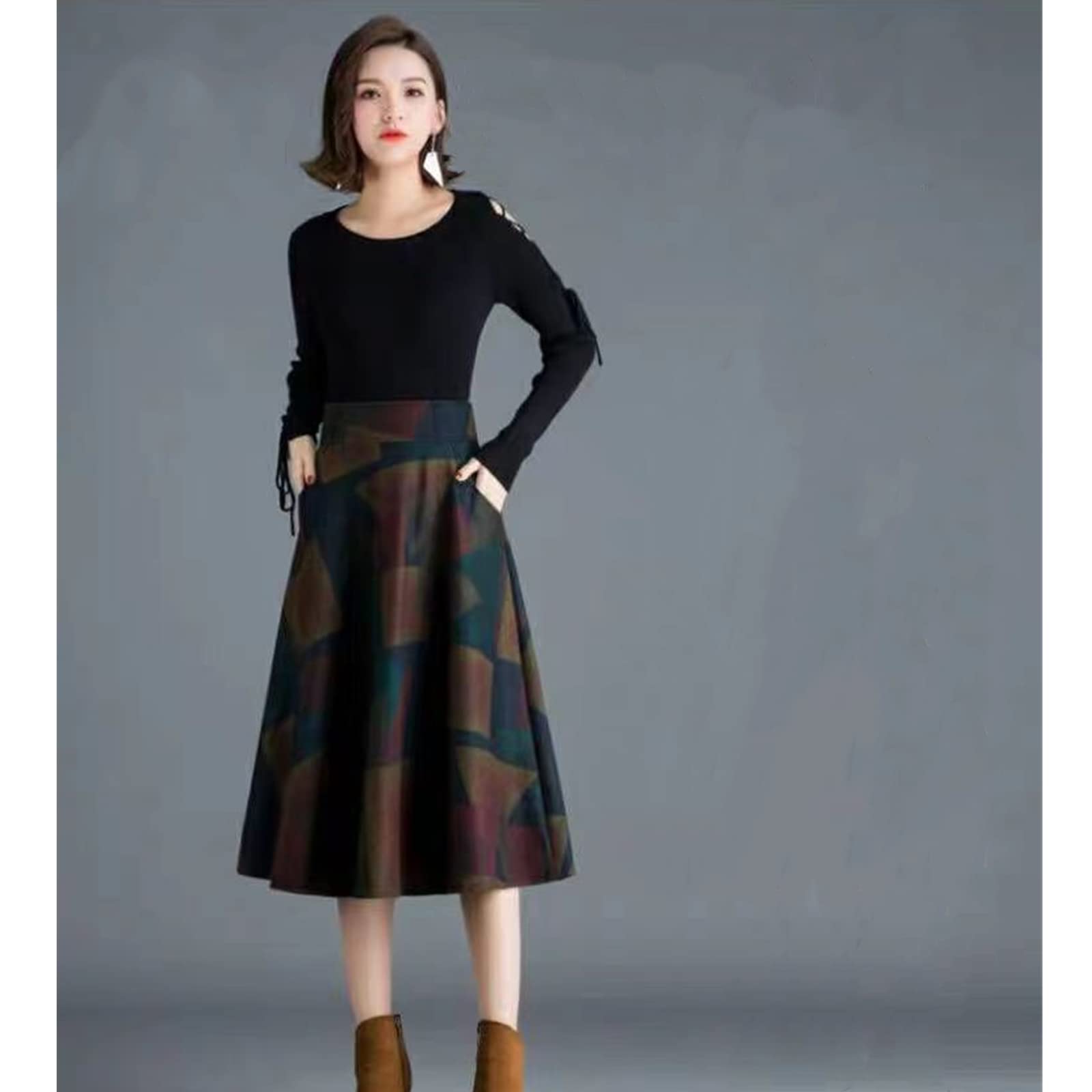 Falda larga de oficina, falda elegante, cálida, versátil, de cintura alta, acampanada, maxi, marrón, 48