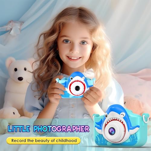 Image of Digital Mini Camera for Kids (Ages 3-12) - Fun Unicorn Silicone Cover, Perfect Toy for Boys & Girls (Shark-Blue)