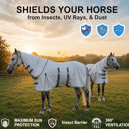 Image of Summer Horse Fly Sheet with Detachable Neck & Belly Wrap, Breathable Fine Mesh Sweet Itch Protection for Stable & Pasture Turnout, Biting Defense & All-Day Comfort Shield Lightgrey 75 inch