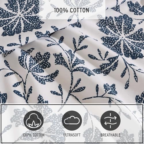 Image of Eddie Bauer - Full Sheet Set, Premium Cotton Percale Bedding Set, Floral Home Decor, Oeko-Tex Certified (Woodblock Floral Blue, Full)