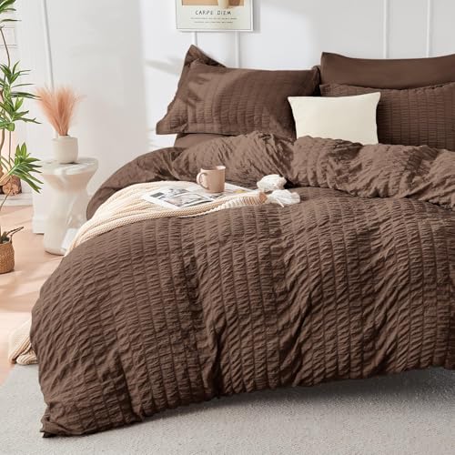 Image of HYMOKEGE Dark Brown King Size Comforter Set Seersucker 7 Pieces, All Season Luxury Bed in a Bag for Bedroom, Bedding Set with Comforter, Sheets, Pillowcases & Shams