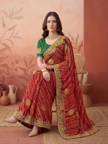 Image of SIRIL Women's Bandhani Printed Embroidery Georgette Saree with Unstitched Blouse Piece