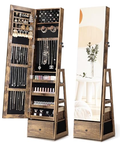 Nicetree 360Swivel Jewelry Cabinet Rotatable Full Length Mirror with Jewelry Storage Standing Jewelry Armoire Organizer Lockable Jewelry Organizer with 3 Rear Shelves Bottom Drawer Rustic Brown