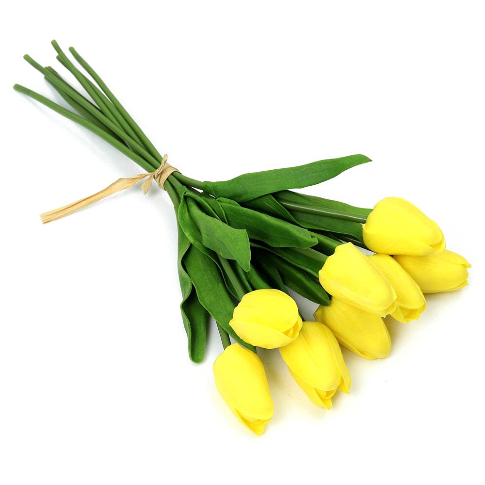 YataiReal Touch Artificial Tulip Flowers, 8pcs Latex Tulips with Natural Green Leaves, Long-Lasting & UV Resistant Fake Flowers for Vase, Faux Flowers Arrangement Bouquet for Wedding Decor, Yellow